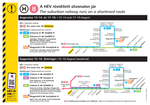 A H8-as HÉV rövidített útvonalon jár augusztus 13-ától 19-éig