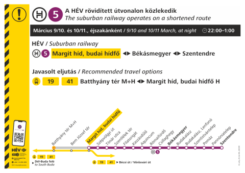 A H5-ös HÉV rövidített útvonalon jár március 9-én és 10-én, késő esténként