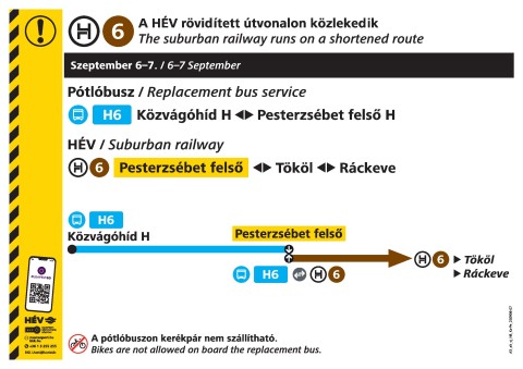 A H6-os HÉV rövidített útvonalon jár szeptember 6-án és 7-én