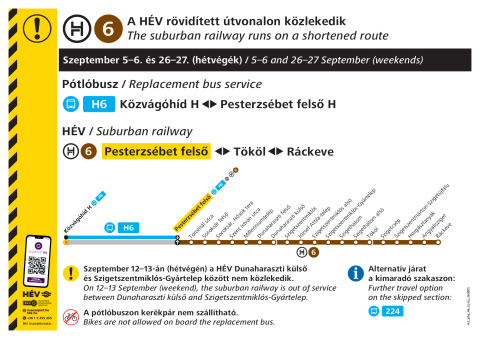 A H6-os HÉV rövidített útvonalon jár szeptember 5-6, és 26-27-én.
