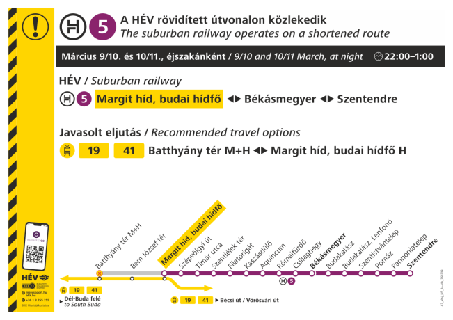 A H5-ös HÉV rövidített útvonalon jár március 9-én és 10-én, késő esténként A H5-ös HÉV rövidített útvonalon jár március 9-én és 10-én, késő esténként