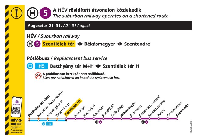 A H5-ös HÉV rövidített útvonalon jár augusztus 21-étől 31-éig