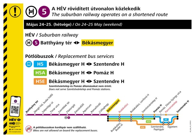 A H5-ös HÉV rövidített útvonalon jár május 24-én és 25-én