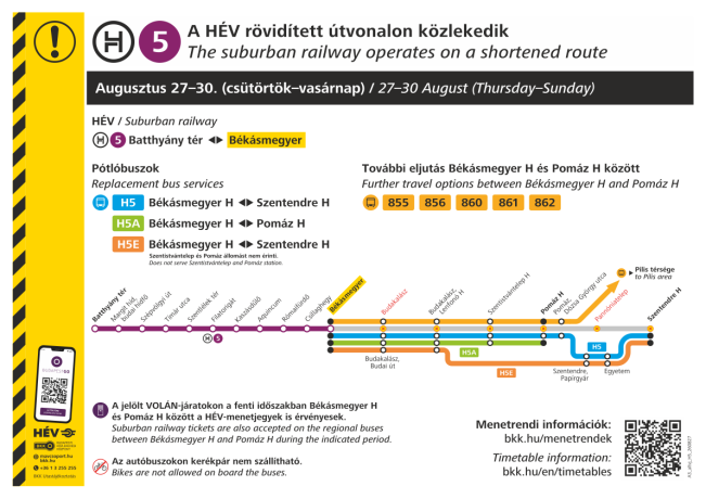 A H5-ös HÉV rövidített útvonalon jár augusztus 27-étől 30-áig A H5-ös HÉV rövidített útvonalon jár augusztus 27-étől 30-áig