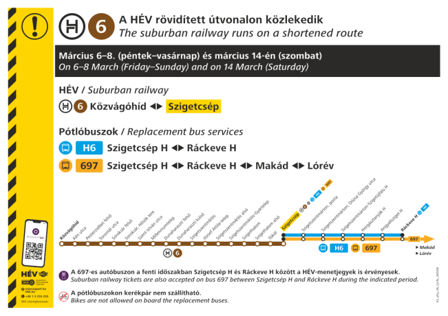 A H6-os HÉV rövidített útvonalon jár egyes márciusi napokon