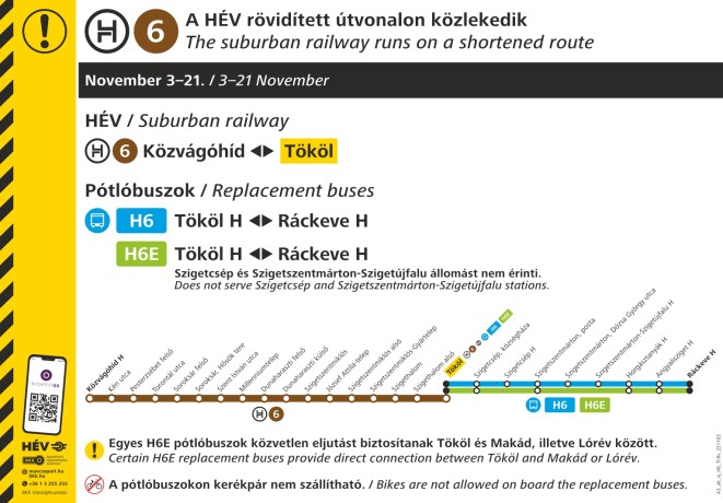 A H6-os HÉV rövidített útvonalon jár november 3-ától 21-éig A H6-os HÉV rövidített útvonalon jár november 3-ától 21-éig