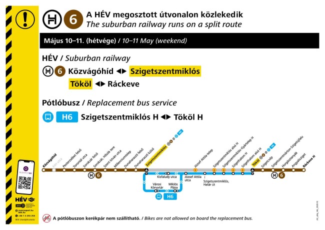 A H6-os HÉV megosztott útvonalon jár május 10-én és 11-én