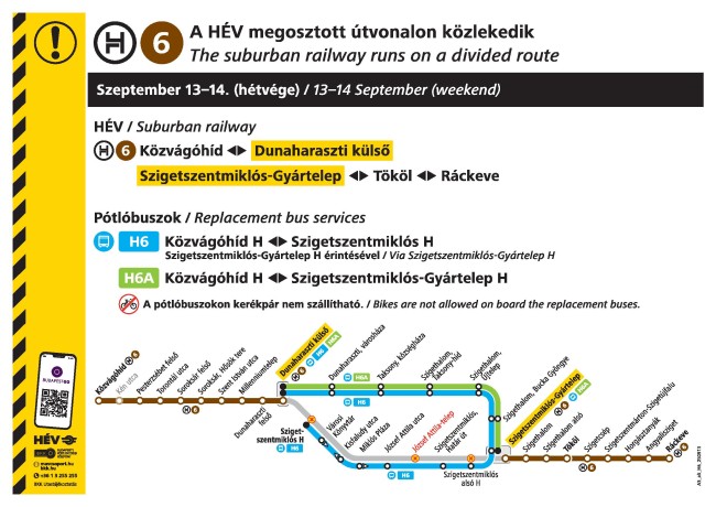A H6-os HÉV megosztott útvonalon jár szeptember 13-án és 14-én