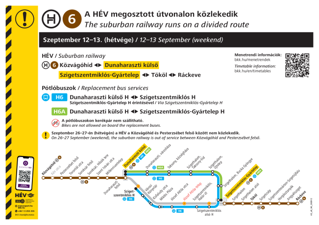 A H6-os HÉV megosztott útvonalon jár szeptember 12-13-án A H6-os HÉV megosztott útvonalon jár szeptember 12-13-án