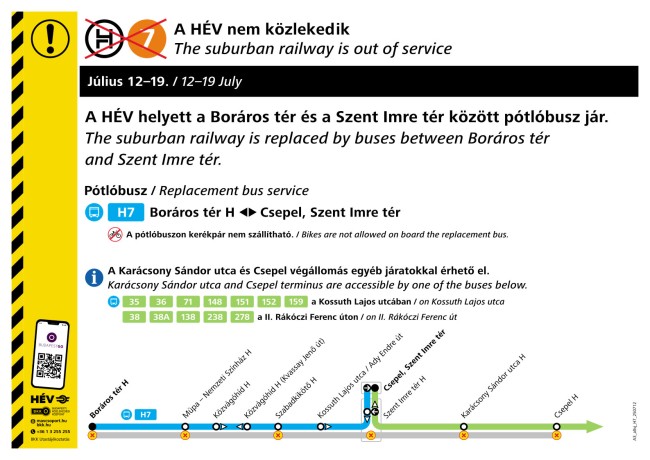 A H7-es HÉV helyett pótlóbusz jár július 12-étől 19-éig