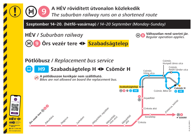 A H9-es HÉV rövidített útvonalon jár 09.14-09.20-ig A H9-es HÉV rövidített útvonalon jár 09.14-09.20-ig