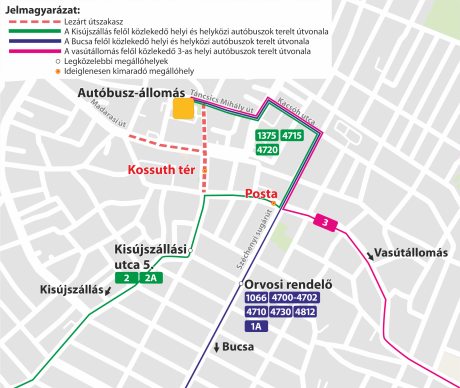 A képen az autóbuszok terelt útvonala látható.