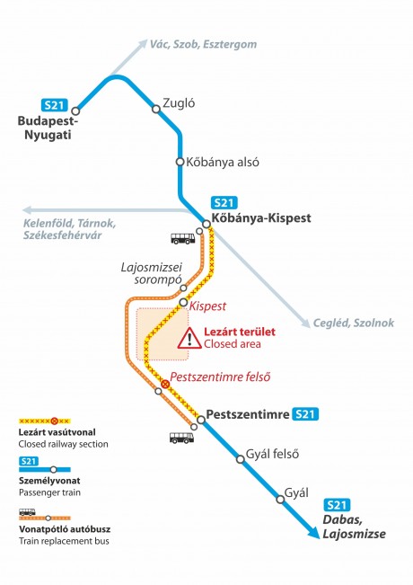 Pótlóbuszok és vonatok útvonala