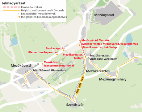 A képen az autóbuszok terelt útvonala látható. A képen az autóbuszok terelt útvonala látható.