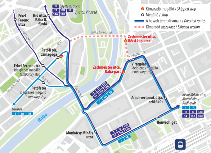 A képen terelt útvonal, a kimaradó megállók és ideiglenes megállók szerepelnek.