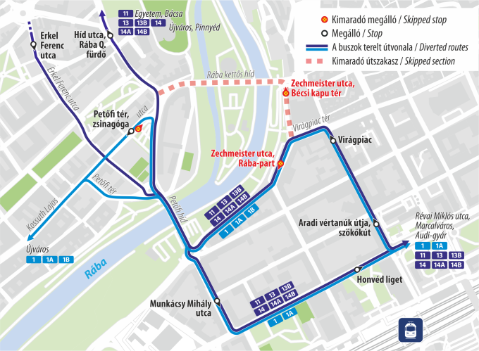 A képen a terelt útvonal, a kimaradó és az ideiglenes megállók helye látható.