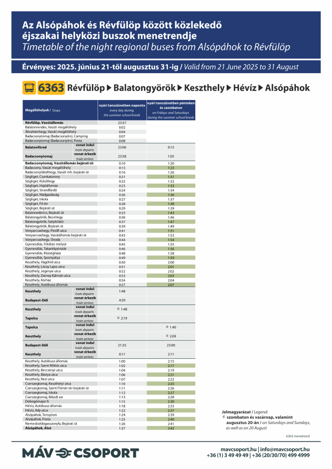 6363 Révfülöp-Alsópáhok éjszakai helyközi buszok menetrendje