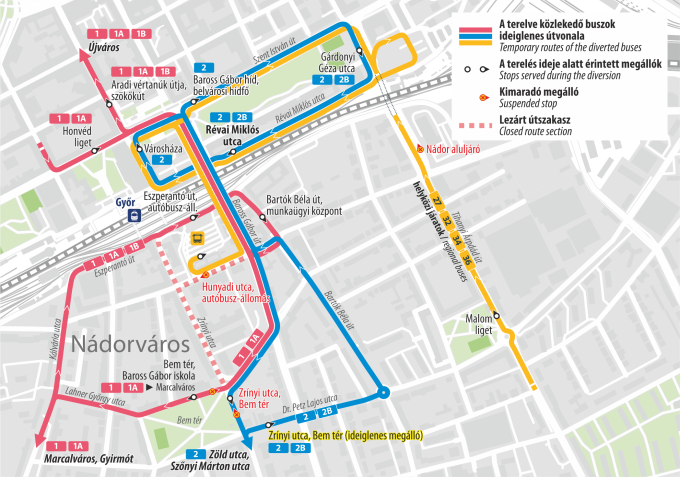 A járatok útvonala és a legközelebbi/ideiglenes megállóhelyek.