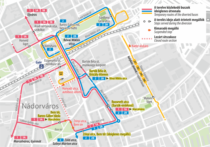 A terelésben érintett járatok útvonala, valamint a kimaradó, legközelebbi és ideiglenes megállók.