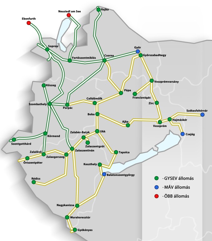 Térkép a GYSEV-hez kerülő vasúvonalakról