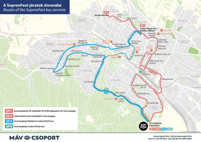 Térkép az SF1, SF2, SF3, SF4 buszok útvonaláról