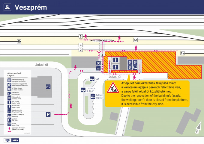 Veszprém állomás - térkép, peron felőli ajtózárás