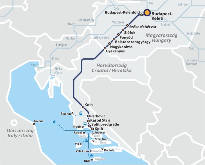 Térkép az Adria InterCity vonat közlekedéséről, csatlakozási lehetőségekről
