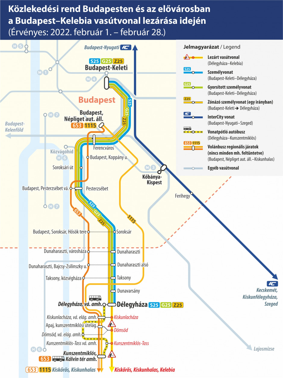 Budapest-Kunszentmiklós-Tass vonalszakasz térképe - vonatpótlás 2022. február 1-jétől február 28-ig