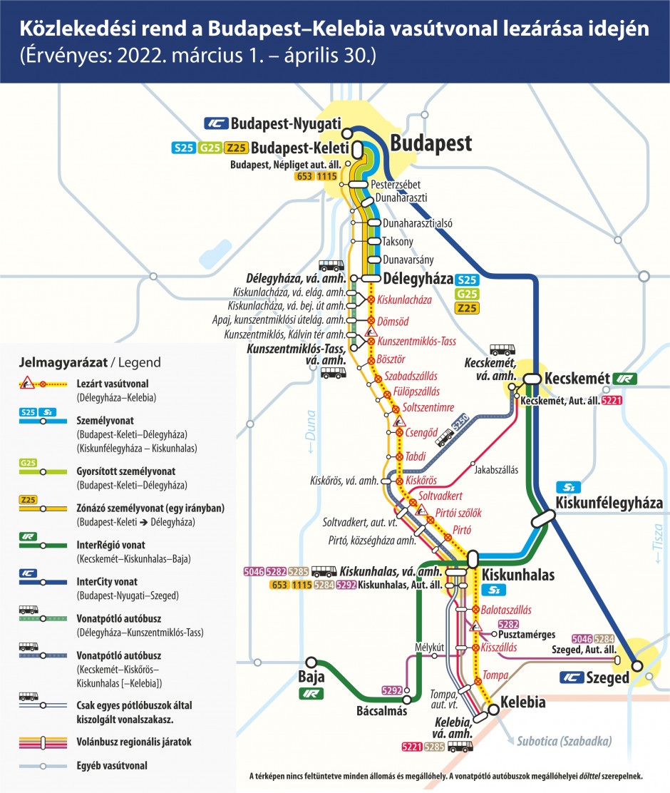 Budapest-Kelebia vonali térkép - vonatpótlás 2022. március 1-jétől