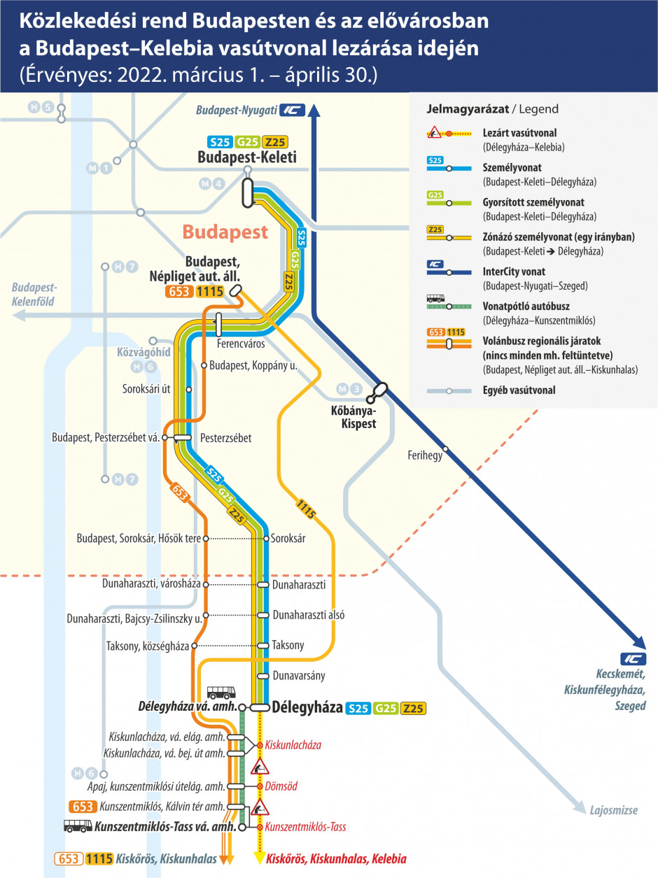 Budapest-Kunszentmiklós-Tass vonalszakasz térképe - vonatpótlás 2022. március 1-jétől
