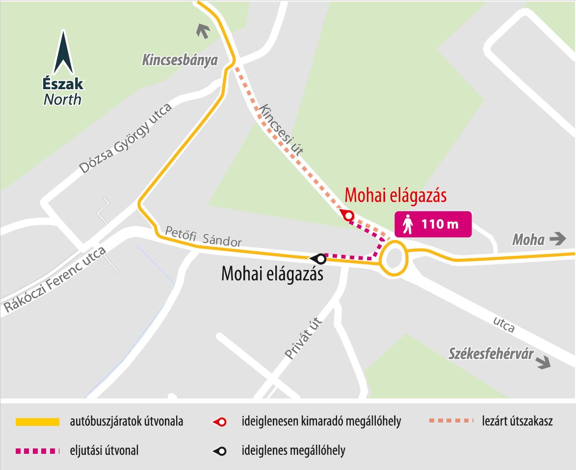 A képen a terelt útvonal és az ideiglenes megálló látható.