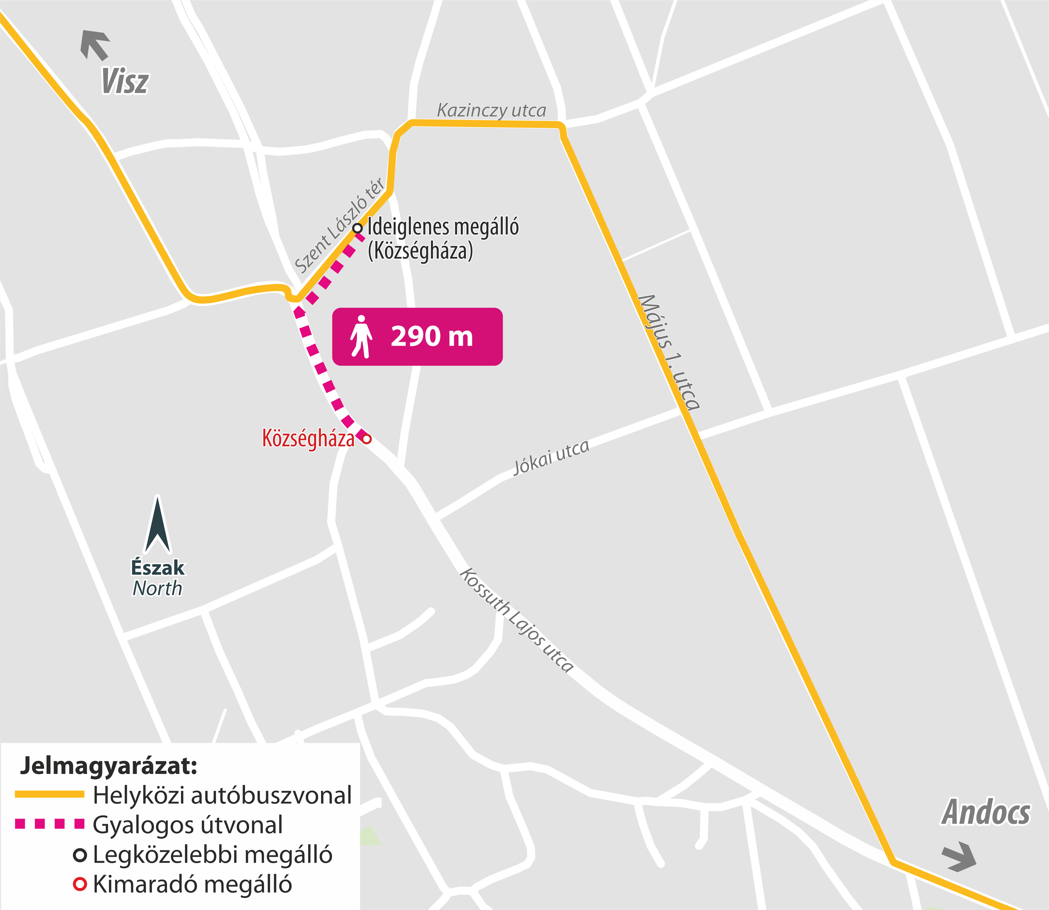 A képen a terelt útvonal, a kimaradó megállóhely és az ideiglenes megállóhely helye látható.