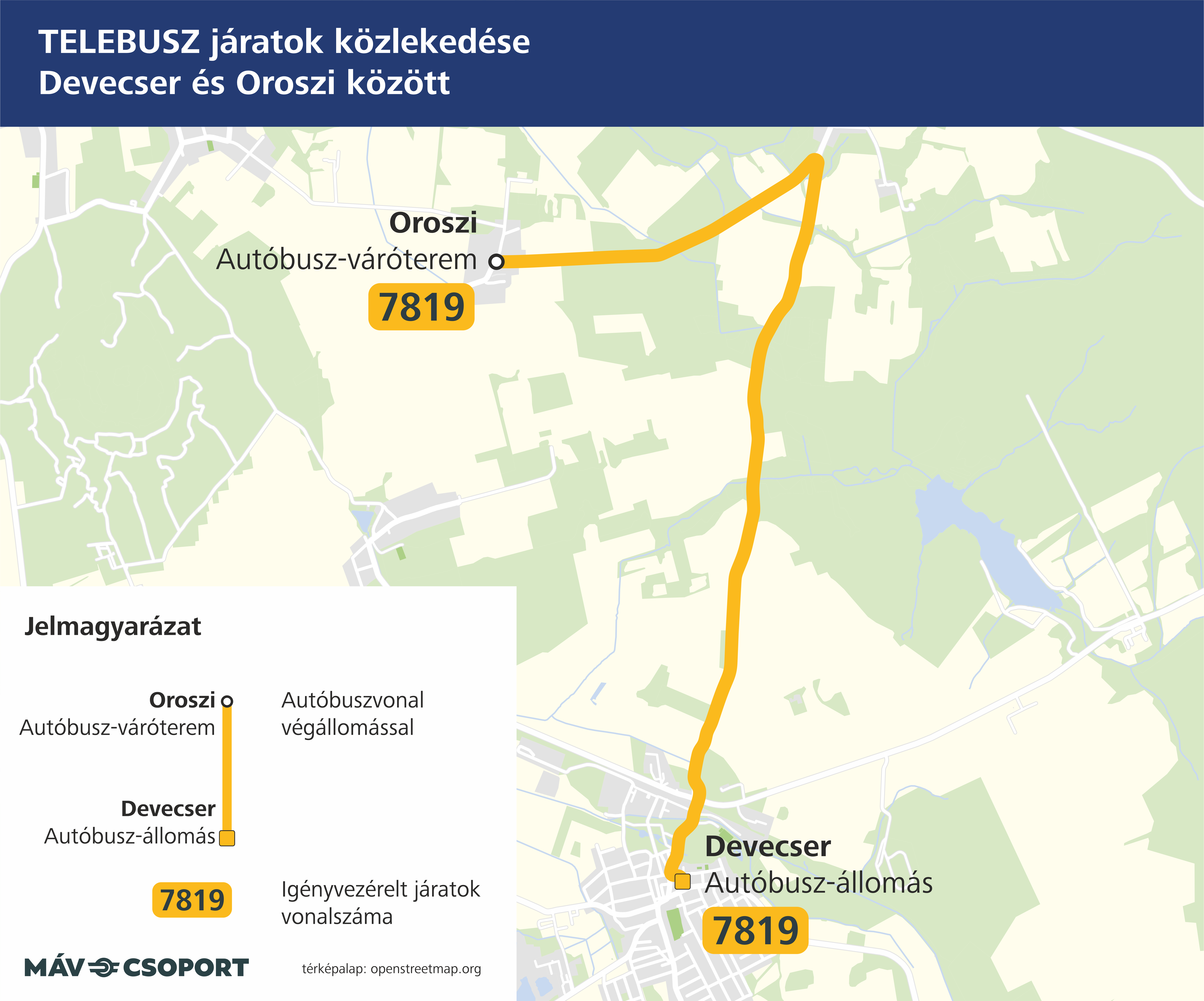 Térkép a Devecser és Oroszi között közlekedő telebuszról