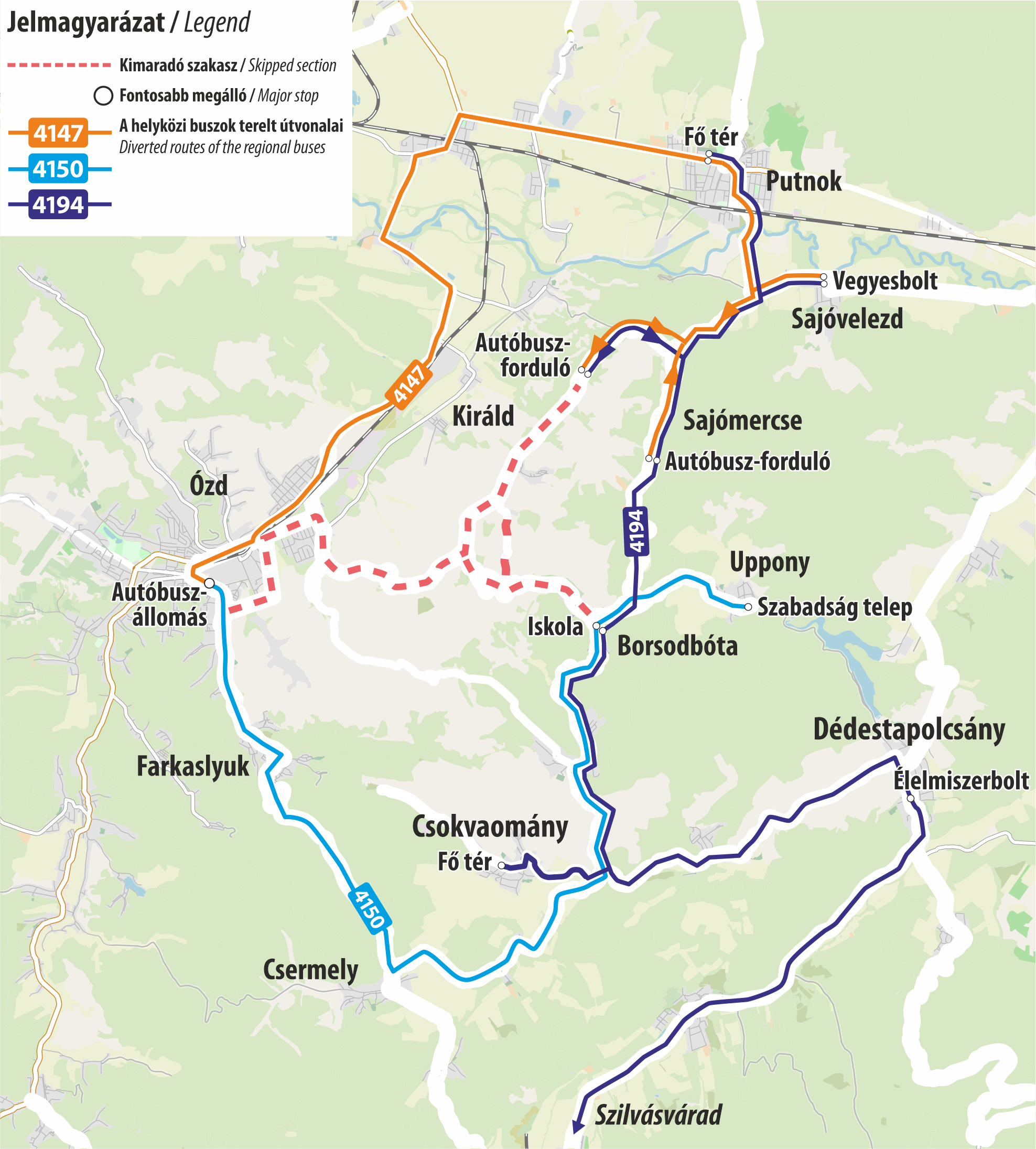 2025. április 5-én és 6-án Közép-Garadna és Mályinka, illetve Ózd és Sáta közötti szakaszon lezárják az utat, ezért egyes helyközi buszok terelve, illetve nem közlekednek.