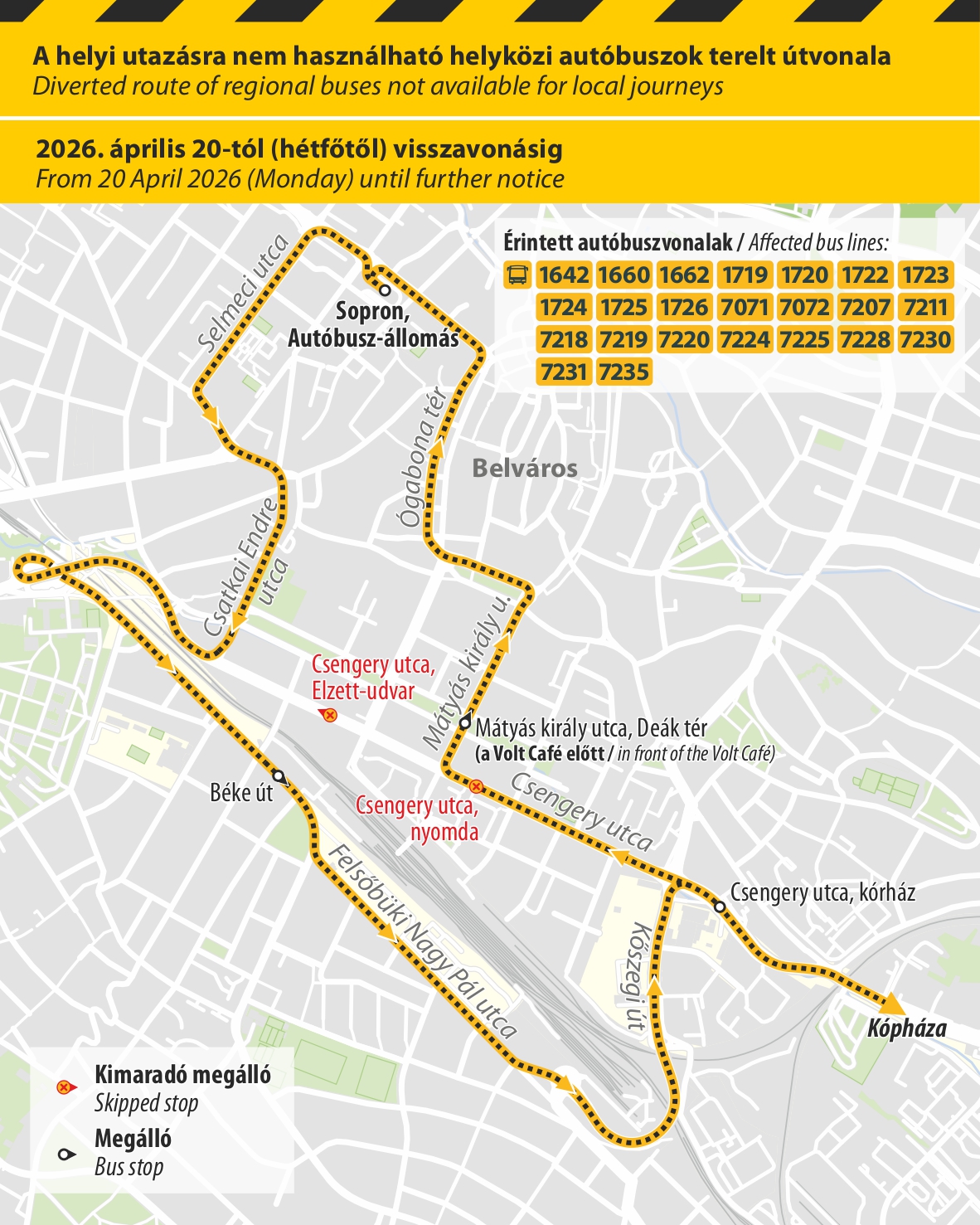 Helyközi járatok útvonala a terelés idején Helyközi járatok útvonala a terelés idején