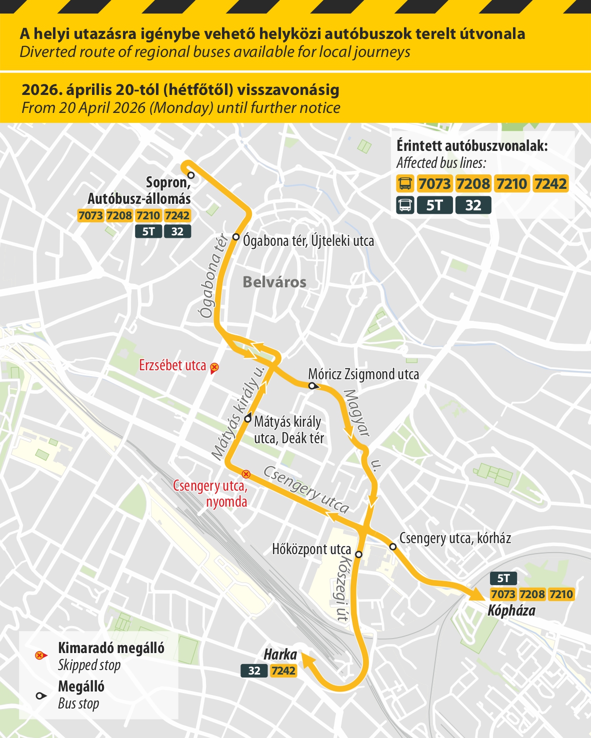 A helyi és helyközi járatok útvonala a terelés idején A helyi és helyközi járatok útvonala a terelés idején