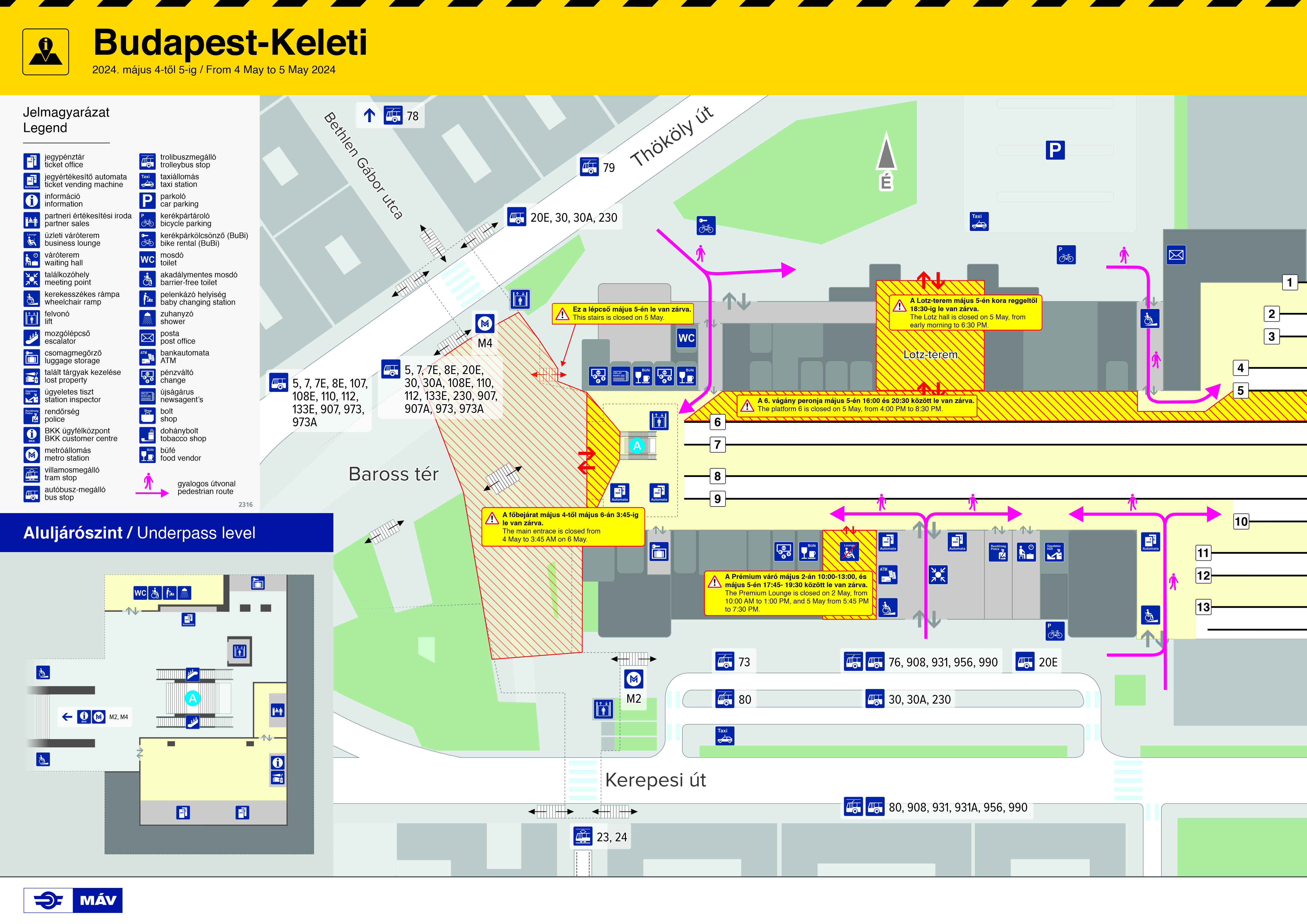 Térképes tájékoztató a Keleti pályaudvari hétvégi lezárásokról (érvényes: 2024. 05. 04-05.)