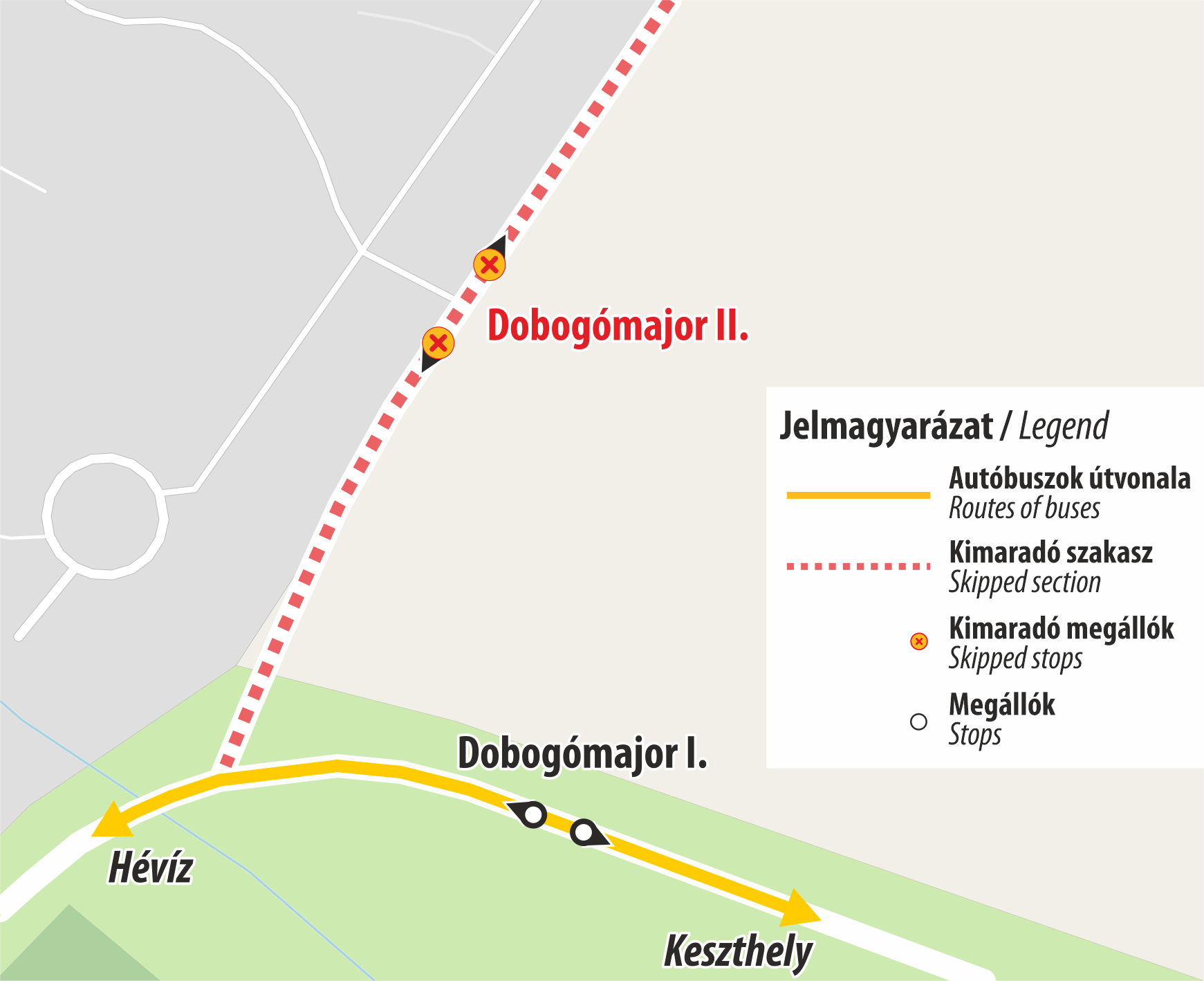 Térkép az autóbuszok terelt útvonaláról.