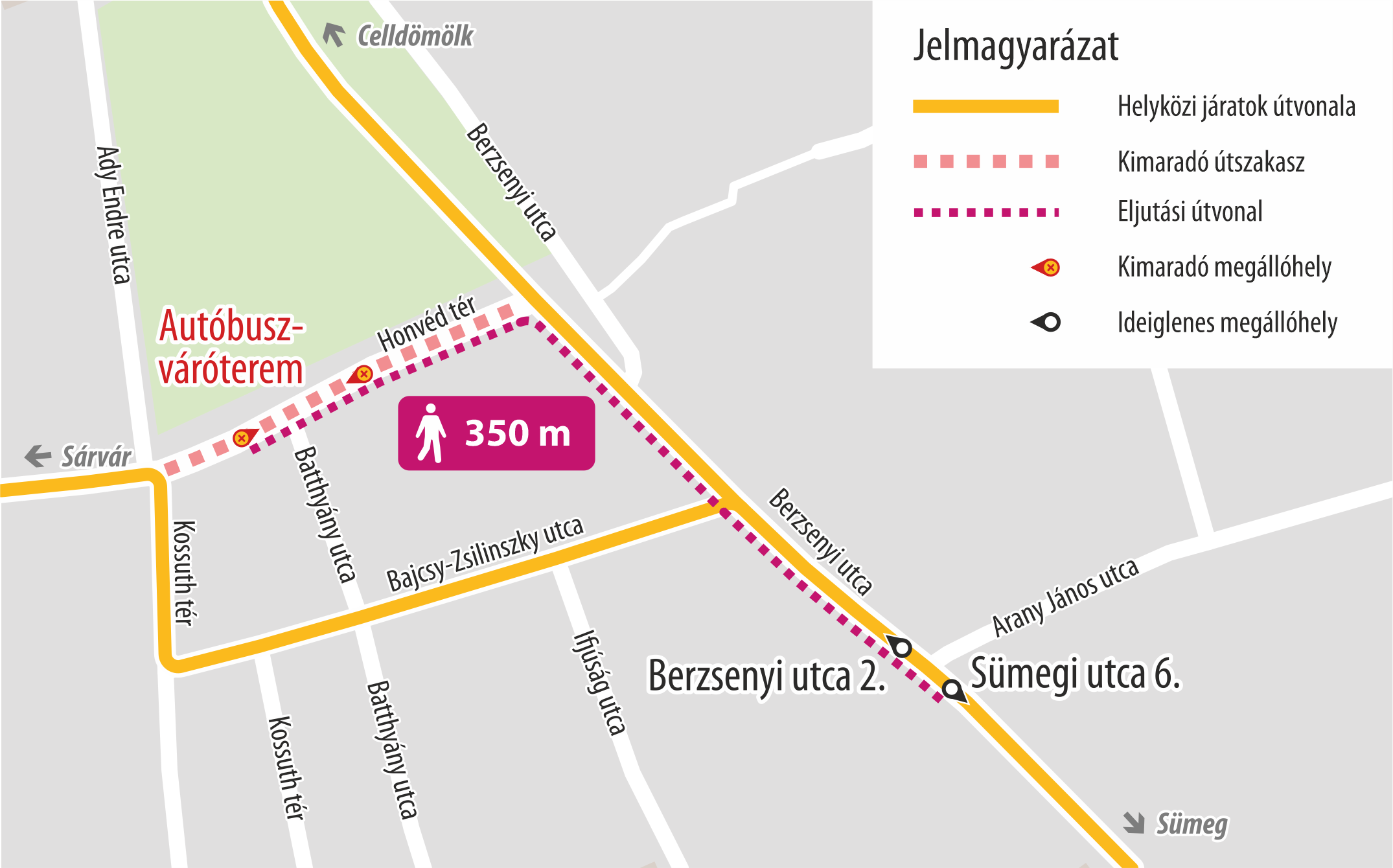 A képen a terelt útvonal, a kimaradó megállóhely és az ideiglenes megállóhely helye látható.