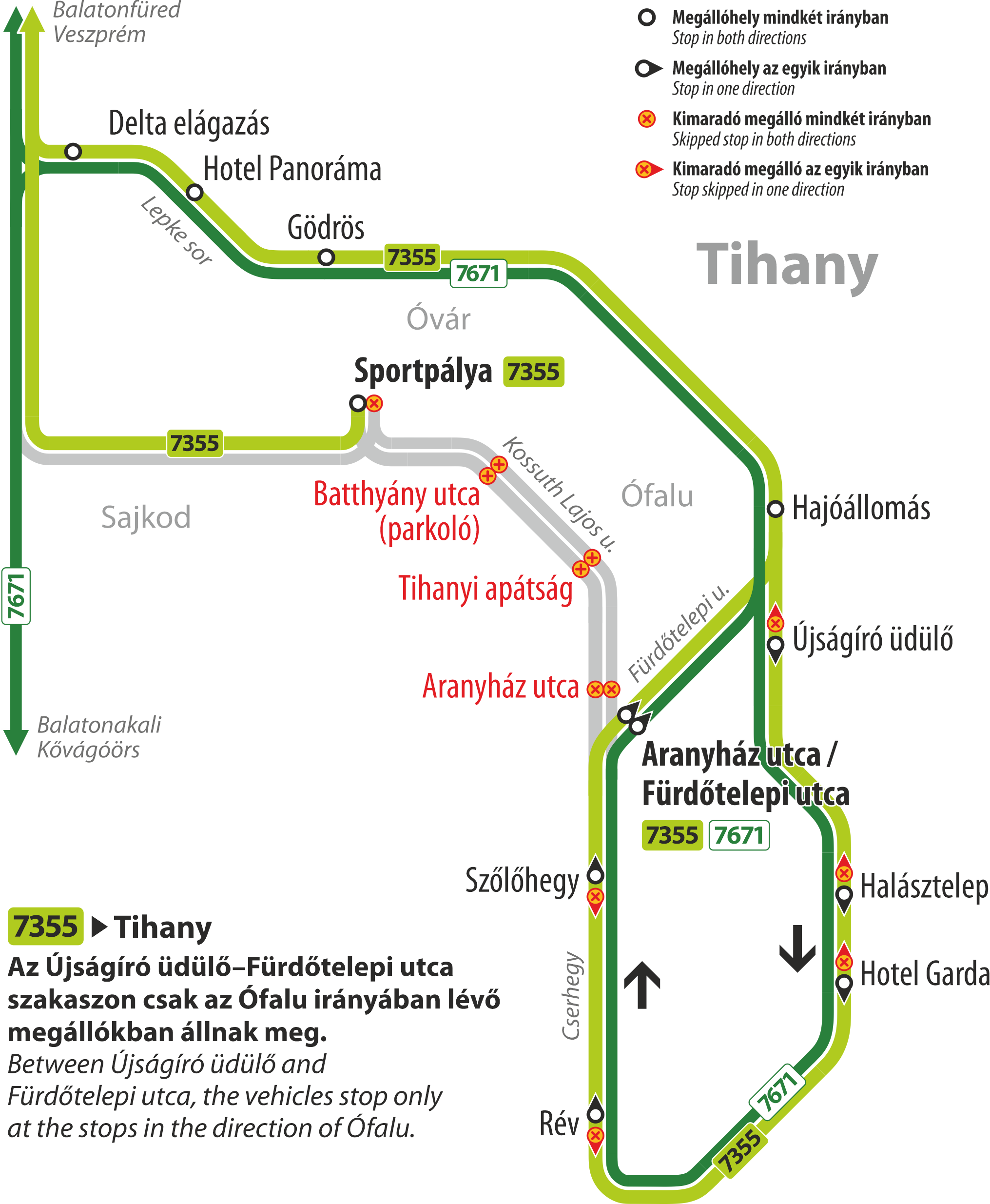 A képen a terelt útvonal, valamint a kimaradó és ideiglenes megállók helye látható, A képen a terelt útvonal, valamint a kimaradó és ideiglenes megállók helye látható,