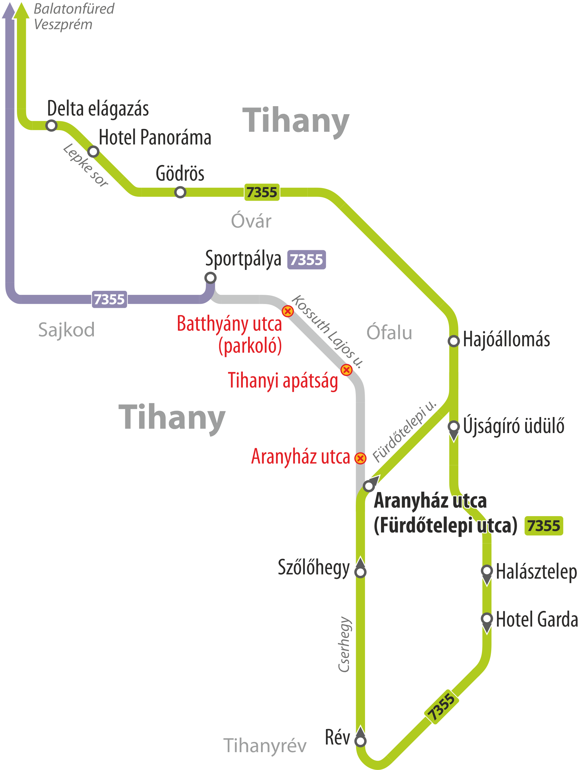 A képen a terelt útvonal, a kimaradó megállóhely és az ideiglenes megállóhely helye látható.