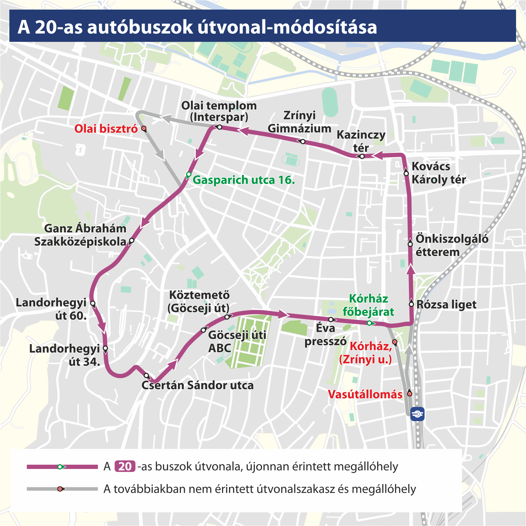 A 20-as helyi járat megújult útvonala.